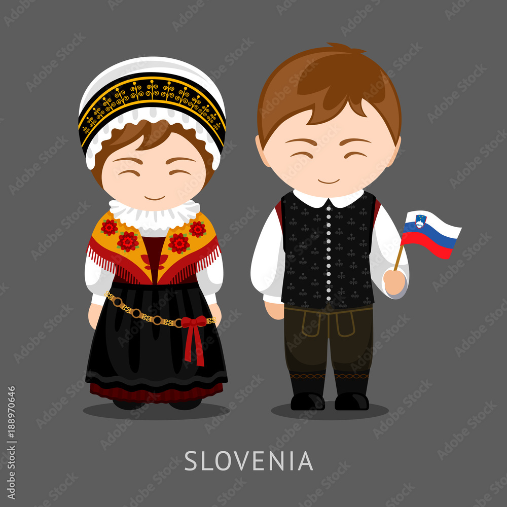 Slovenes in national dress with a flag. Man and woman in traditional ...