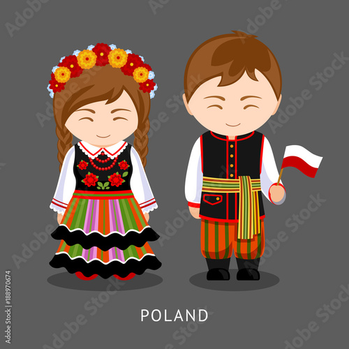 Poles in national dress with a flag. Man and woman in traditional costume. Travel to Poland. People. Vector flat illustration.