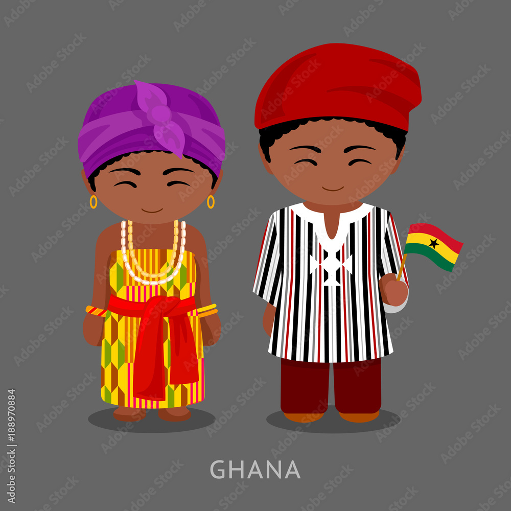 Ghanaian in national clothes with a flag. Man and woman in traditional ...