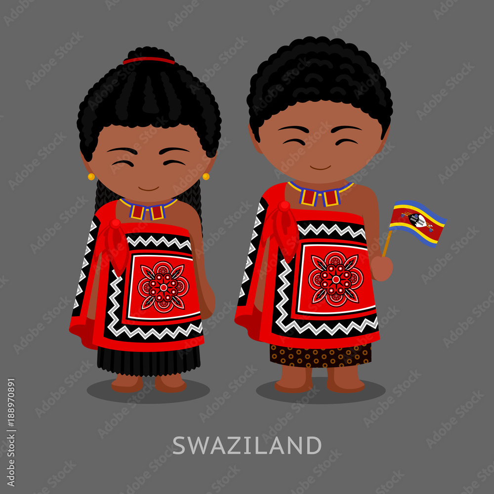 Swazi people in national clothes with a flag. Man and woman in traditional costume. Travel to Swaziland (Kingdom of Eswatini). Vector flat illustration.