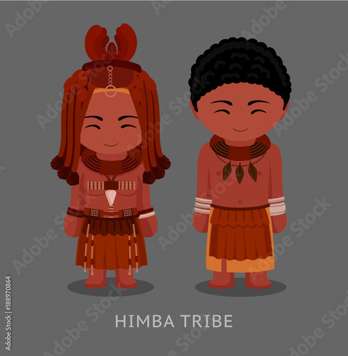 Himba people in traditional costume. Man and woman, boy and girl. Cute cartoon characters. Vector flat illustration.