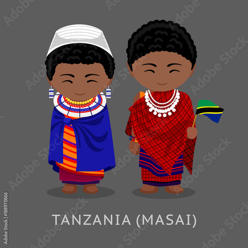 Masai. Tanzanians in national clothes with a flag. Man and woman in traditional costume. Travel to Tanzania. People. Vector flat illustration.