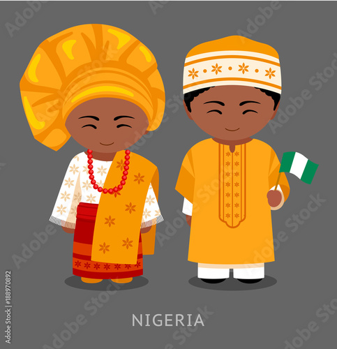 Nigerians in national clothes with a flag. Man and woman in traditional costume. Travel to Nigeria. People. Vector flat illustration. photo