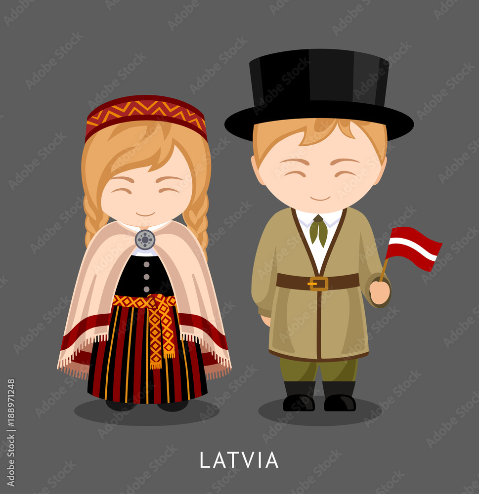 Latvians in national dress with a flag. Man and woman in traditional ...