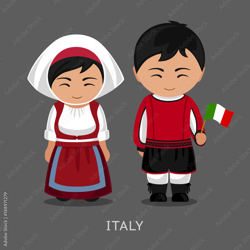 Italians in national dress with a flag. Man and woman in traditional costume.  Travel to Italy. People. Vector flat illustration. Stock Vector | Adobe  Stock