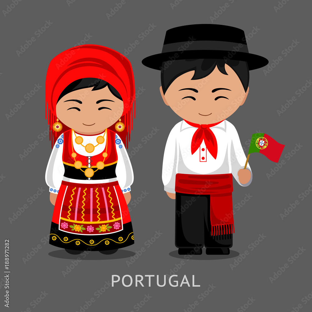 Portugueses in national dress with a flag. Man and woman in traditional ...