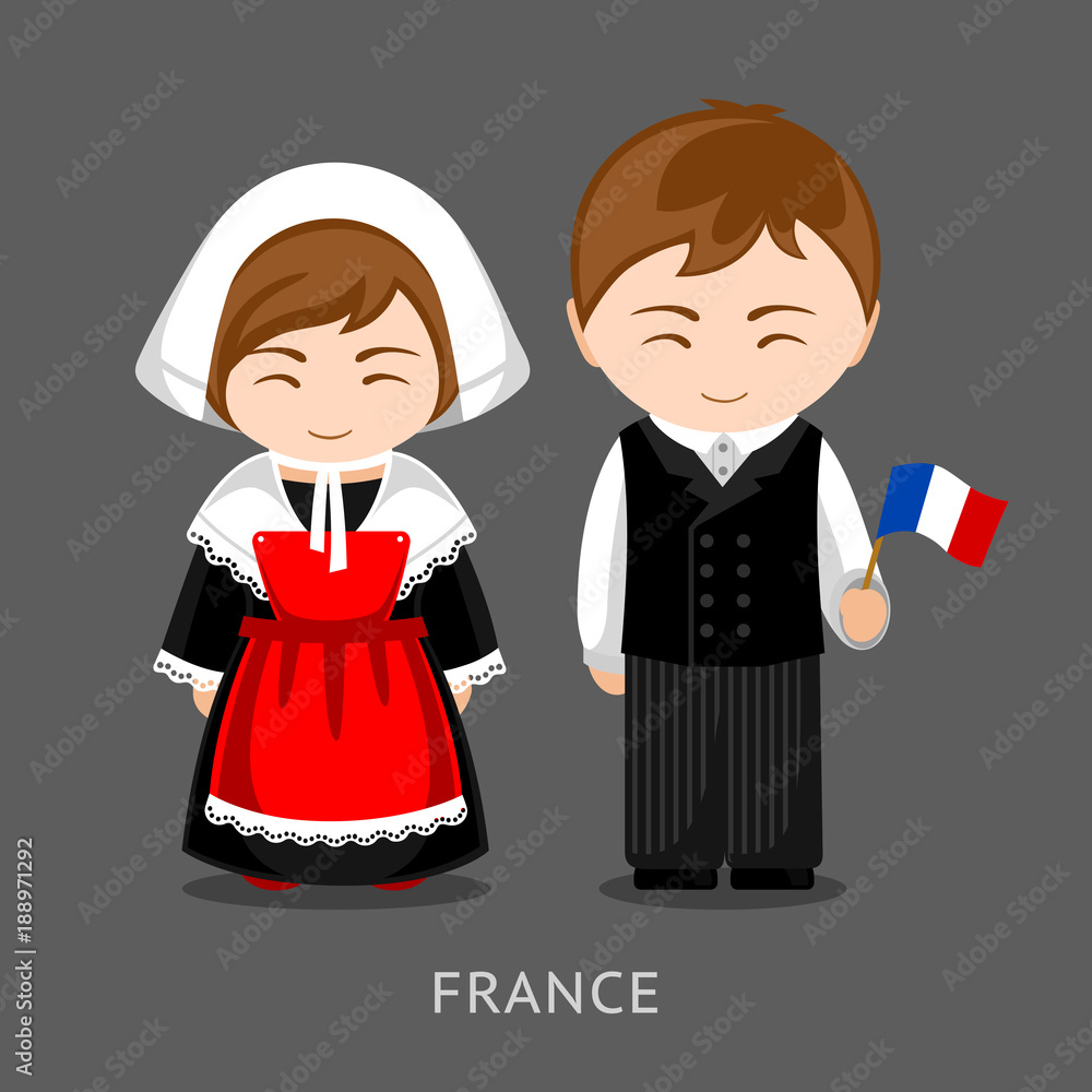 French in national dress with a flag. Man and woman in traditional costume. Travel to France