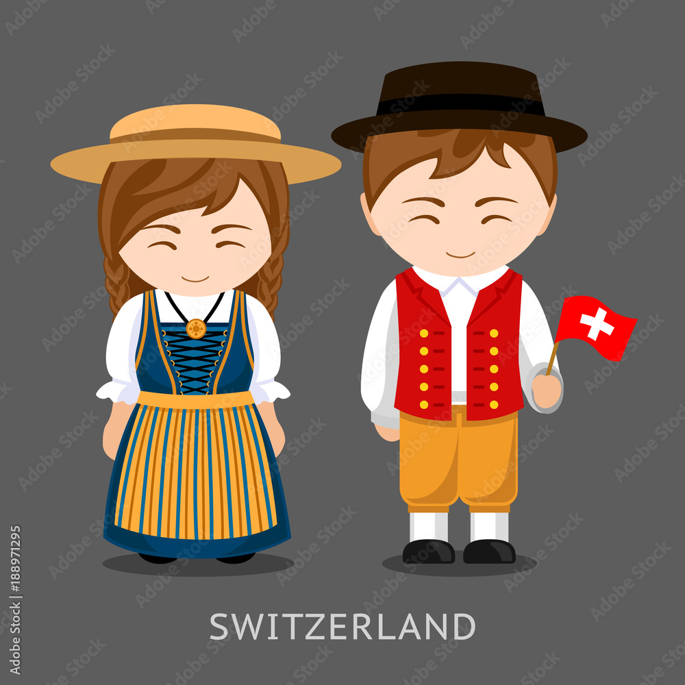 Swiss in national dress with a flag. Man and woman in traditional ...