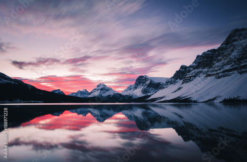 Pink sunrise at Bow lake in Banff, Alberta, Canada
