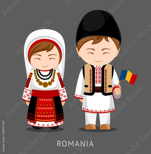 Romanians in national dress with a flag. Man and woman in traditional costume. Travel to Romania. People. Vector flat illustration.