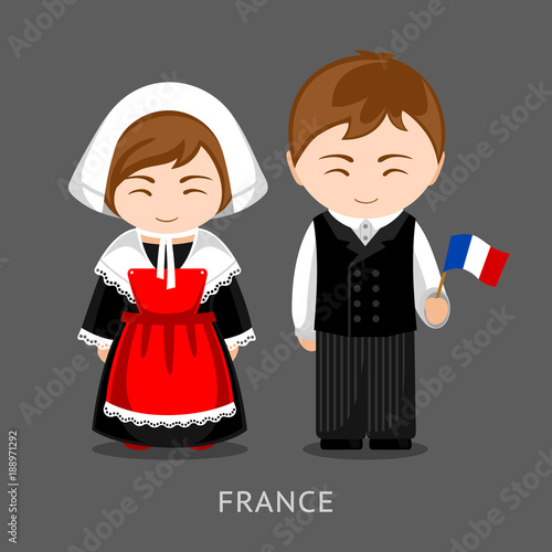 French in national dress with a flag. Man and woman in traditional costume. Travel to France. People. Vector flat illustration.