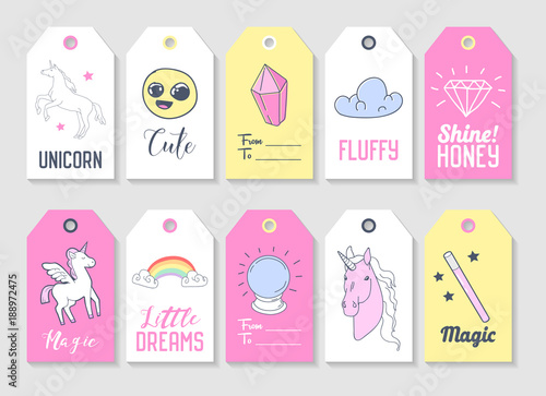 Unicorn Kids Tags Collection for Family Party Decoration. Vector illustration