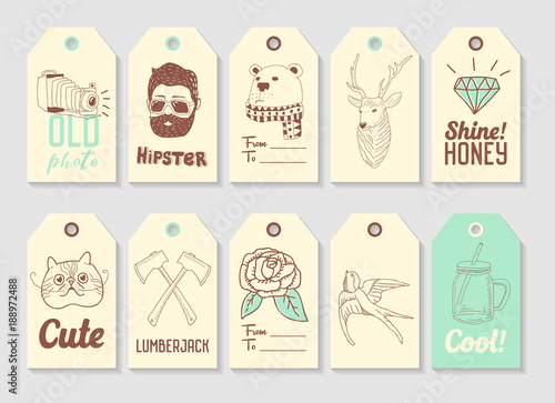 Hipster Fashion Hand Drawn Tags Collection. Vintage Style Freehand Elements Deer Bear Lumberjack. Vector illustration