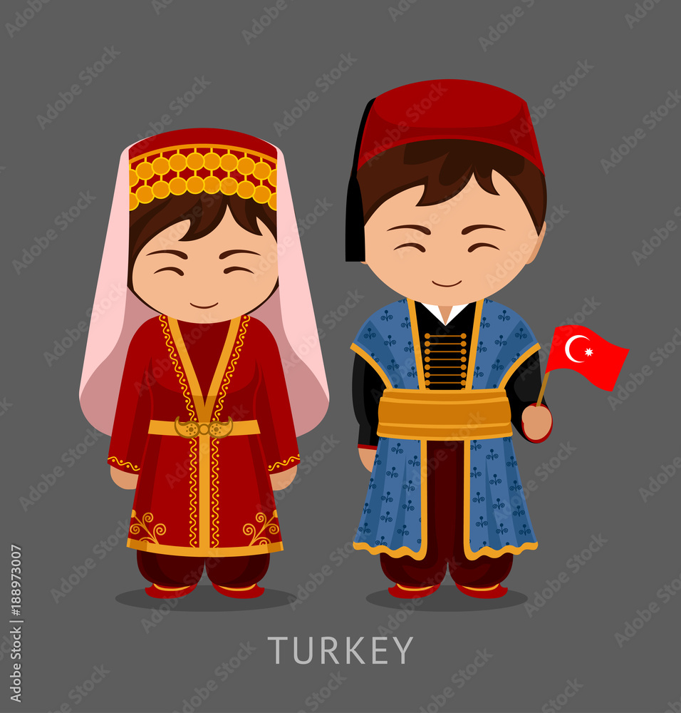 Turks in national dress with a flag. Man and woman in traditional costume. Travel to Turkey. People. Vector flat illustration.