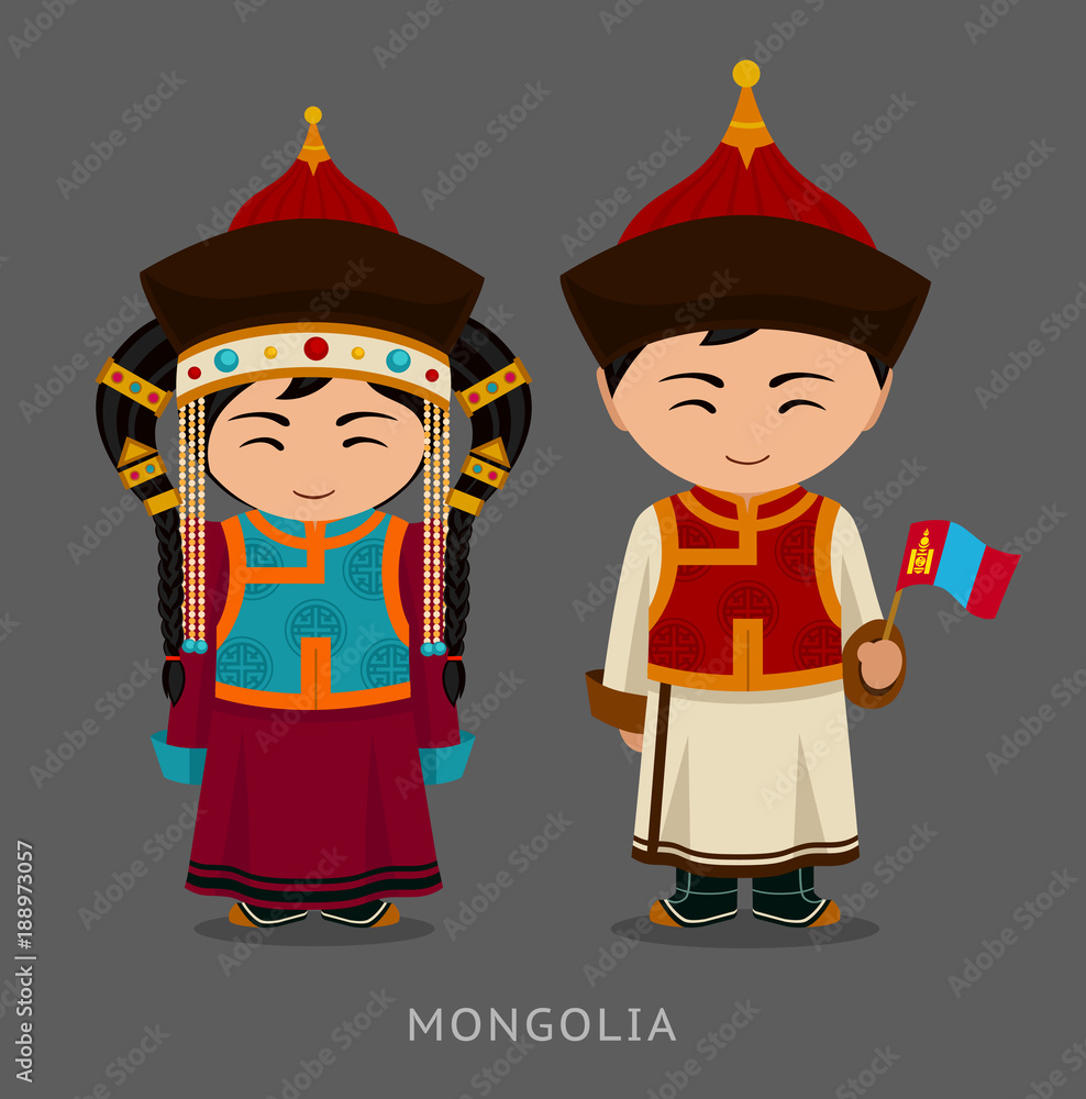 Mongols in national dress with a flag. Man and woman in traditional costume.  Travel to Mongolia. People. Vector flat illustration. Stock Vector | Adobe  Stock
