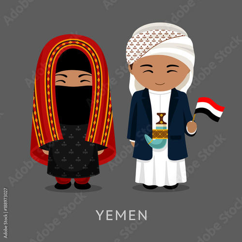 Travel to Yemen. Man and woman in traditional costume. People with flag. Vector flat illustration.