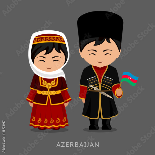 Azerbaijanis in national dress with a flag. Man and woman in traditional costume. Travel to Azerbaijan. People. Vector flat illustration.