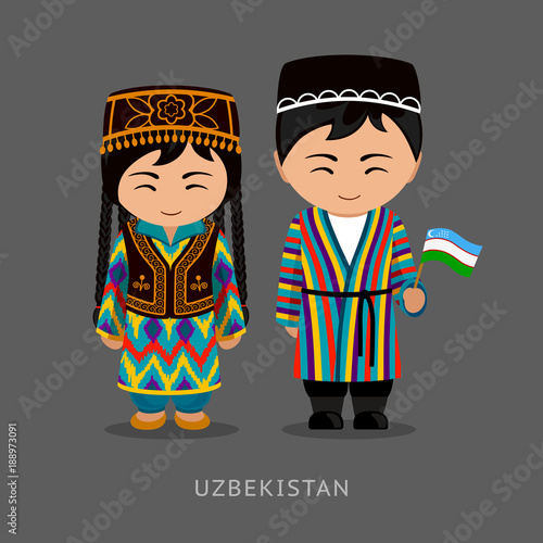 Uzbeks in national dress with a flag. Man and woman in traditional costume. Travel to Uzbekistan. People. Vector flat illustration.