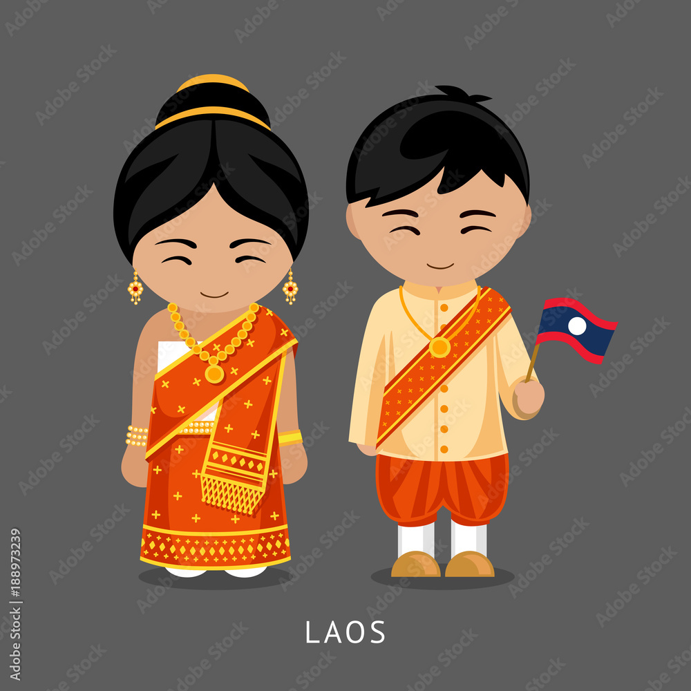 Laotians in national dress with a flag. Man and woman in traditional ...