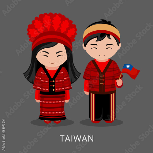 Taiwanese in national dress with a flag. Man and woman in traditional costume. Travel to Taiwan. People. Vector flat illustration.