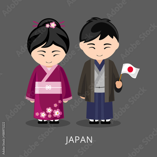 Japanese in national dress with a flag. Man and woman in traditional costume. Travel to Japan. People. Vector flat illustration.