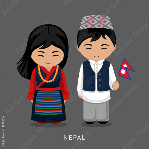Nepalese in national dress with a flag. Man and woman in traditional costume. Travel to Nepal. People. Vector flat illustration.