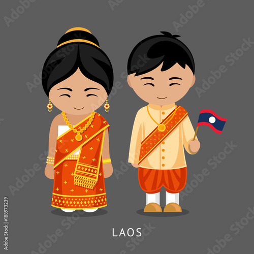 Laotians in national dress with a flag. Man and woman in traditional costume. Travel to Laos. People. Vector flat illustration.