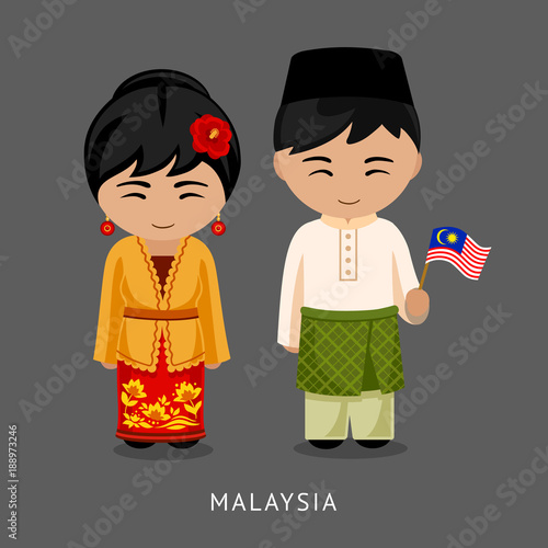 Malaysians in national dress with a flag. Man and woman in traditional costume. Travel to Malaysia. People. Vector flat illustration.