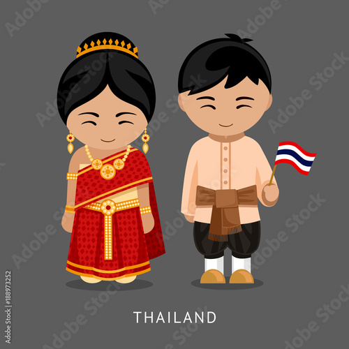 Thais in national dress with a flag. Man and woman in traditional costume. Travel to Thailand. People. Vector flat illustration.