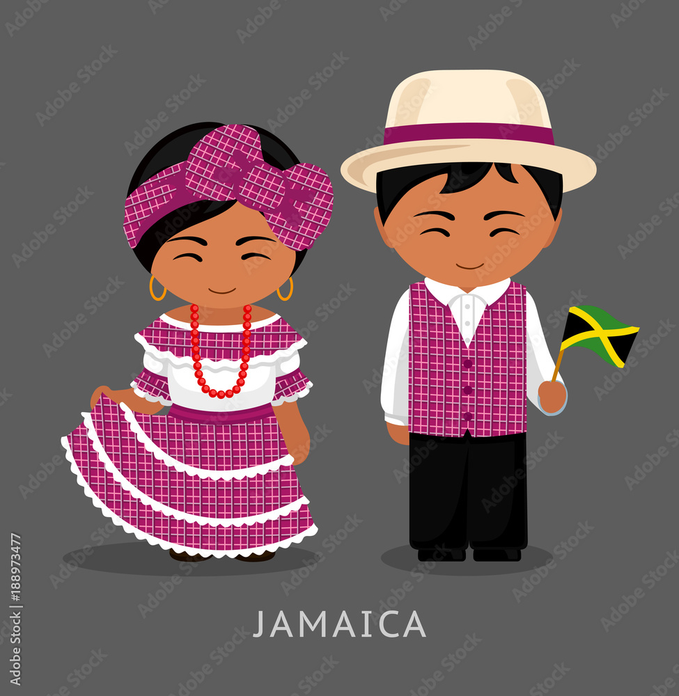 Jamaicans in national dress with a flag. Man and woman in traditional  costume. Travel to Jamaica. People. Vector flat illustration. Stock Vector  | Adobe Stock