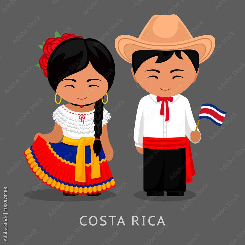 Costa Ricans in national dress with a flag. Man and woman in ...