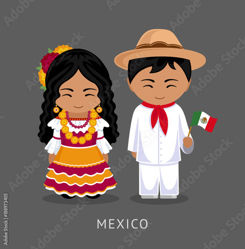 Mexicans in national dress with a flag. A man and a woman in traditional costume. Travel to Mexico. People. Vector flat illustration.