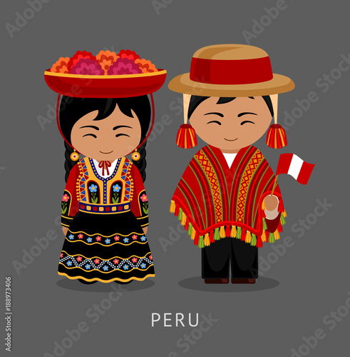 Peruvian in national dress. Man and woman in traditional costume. Travel to Peru. People. Vector flat illustration. photo