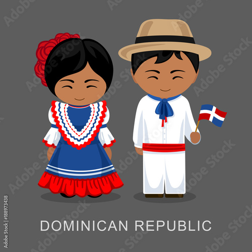 Dominicans in national dress with a flag. Man and woman in traditional costume. Travel to Dominican Republic. People. Vector flat illustration.