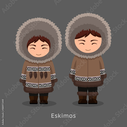 Eskimos in national clothes. Man and woman in traditional costume. People. Vector flat illustration.