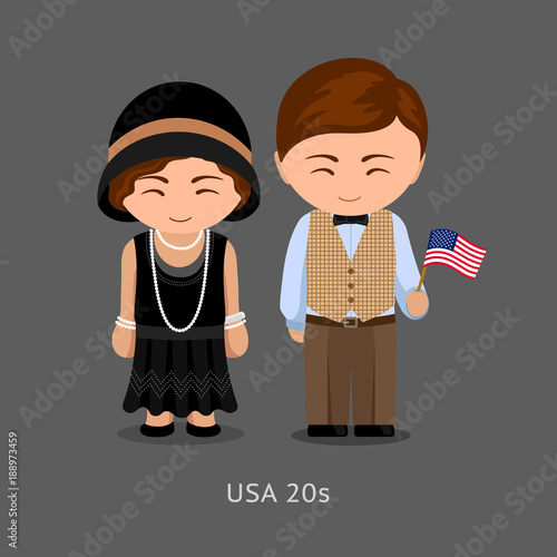 Americans in national dress with a flag. Man and woman in traditional costume. Travel to United States. People. Vector flat illustration.