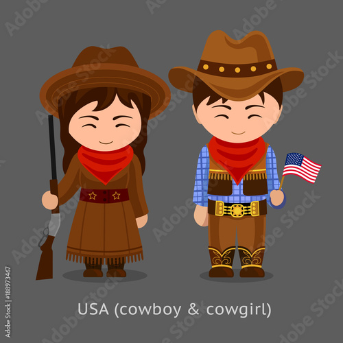 Cowgirl and cowboy. Western. Americans in national clothes. Man and woman in traditional costume. People. Vector flat illustration.