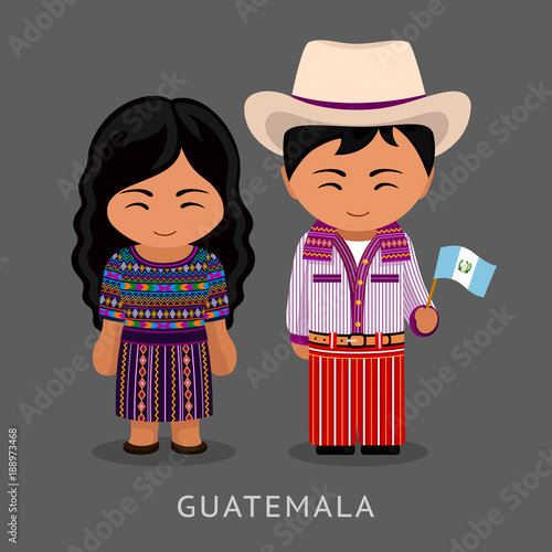 Guatemalans in national dress with a flag. Man and woman in traditional costume. Travel to Guatemala. People. Vector flat illustration.