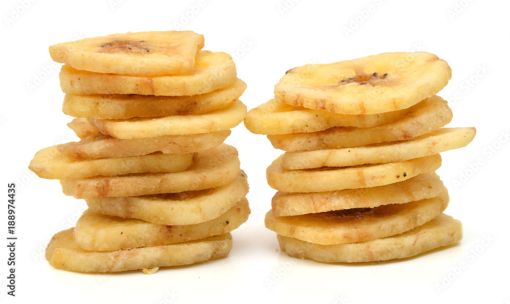 Banana chips on white background Banana chips on white background