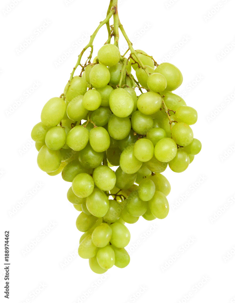 bunch of ripe and juicy green grapes close-up on a white background