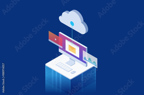 Isometric concept of Lcd monitor with different applications: web chart, email, player. Vector illustration.