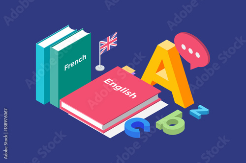 Illustration on theme of learning and teaching of foreign languages. Image textbooks in French and English, England flag and letters of Latin alphabet. 3d isometric flat design. Vector illustration.