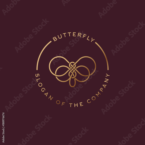 Butterfly logo. Beautiful decorative butterfly from intertwined lines. Golden logo for cosmetics, lingerie, jewelry store.