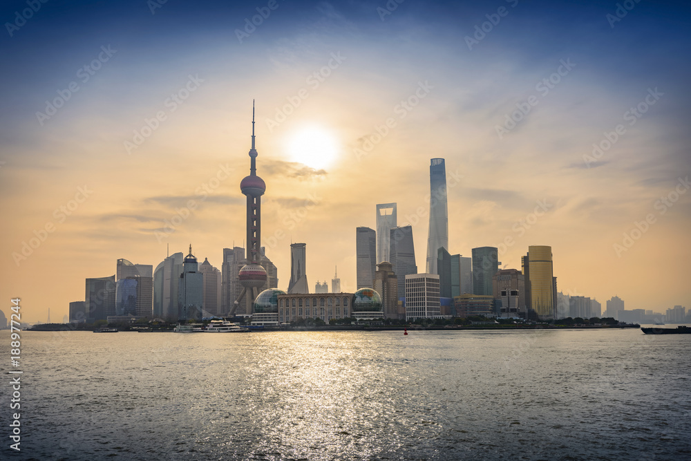 Shanghai skyline in the morning. View of Pudong's skyline from the Bund. Located in The Bund (Waitan). One of the most famous tourist destinations in Shanghai.