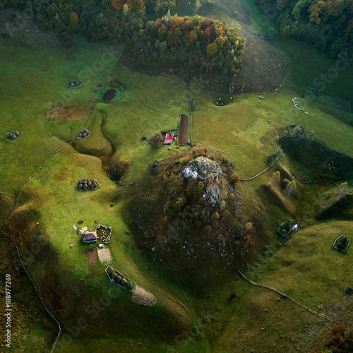 mountain landscape in autumn morning - Fundatura Ponorului, Romania - aerial view