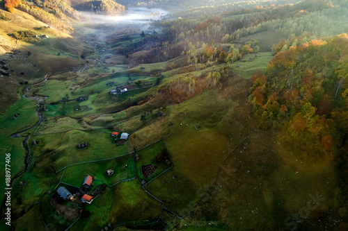 mountain landscape in autumn morning - Fundatura Ponorului, Romania - aerial view