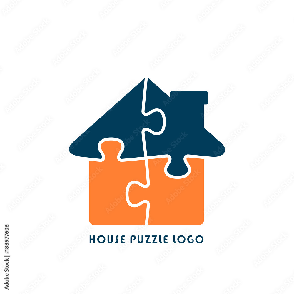 House Puzzle Logo, Jigsaw Home illustration. Vector flat style logotype