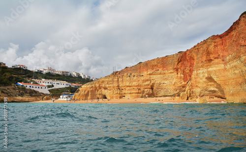 Sea cave on the Algarve coast near Benagil, Portugal, Europe. Nature geology seen from boat trip. 