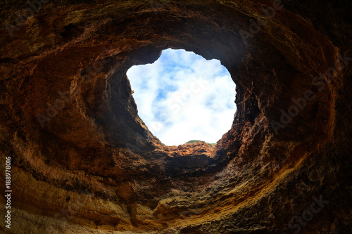 The interior of a sea cave on the Algarve coast near Benagil  Portugal  Europe. Nature geology seen from boat trip.