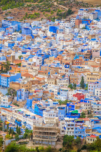 Aerial view of blue medina of city Chefchaouen, Morocco, Africa.